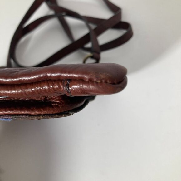 Womens Fossil Leather Tapestry Boho Crossbody Bag Brown Orange Blue 8 x 8" - Picture 7 of 9